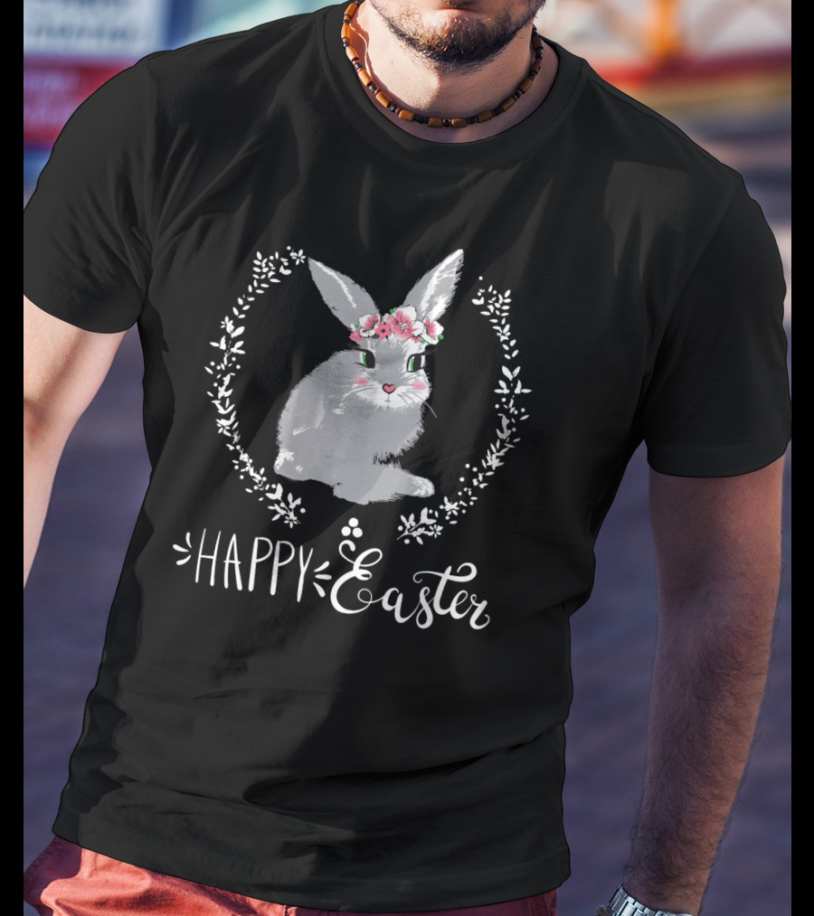 Happy Easter Bunny With Floral Wreath T-Shirt