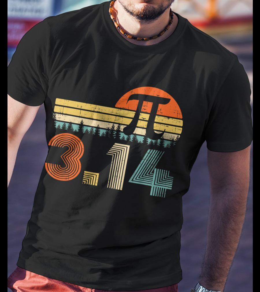 Pi Day Math Teacher 3.14 Retro Sunset Forest T-Shirt