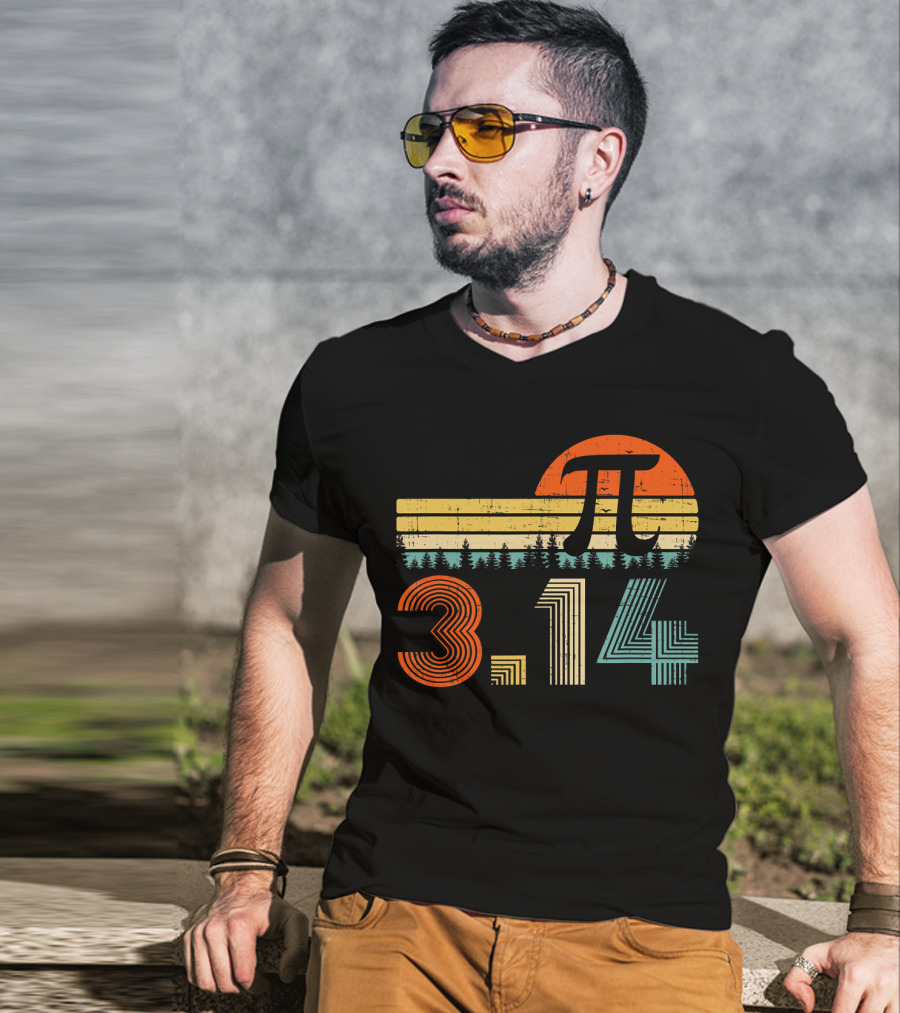 Pi Day Math Teacher 3.14 Retro Sunset Forest T-Shirt