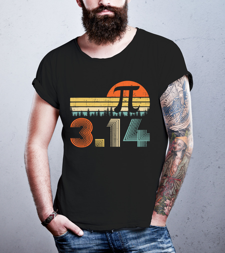 Pi Day Math Teacher 3.14 Retro Sunset Forest T-Shirt