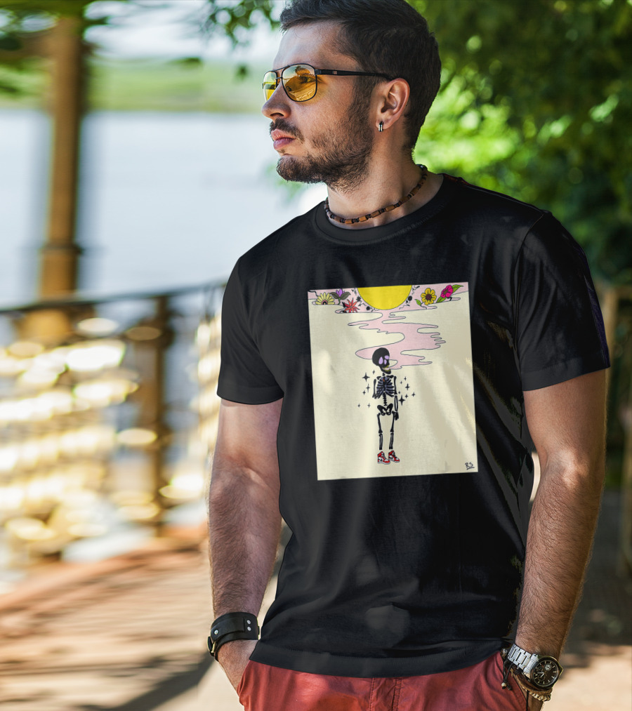 Smoking Skeleton Sun Flowers Sneakers Graphic Fashion T-Shirt
