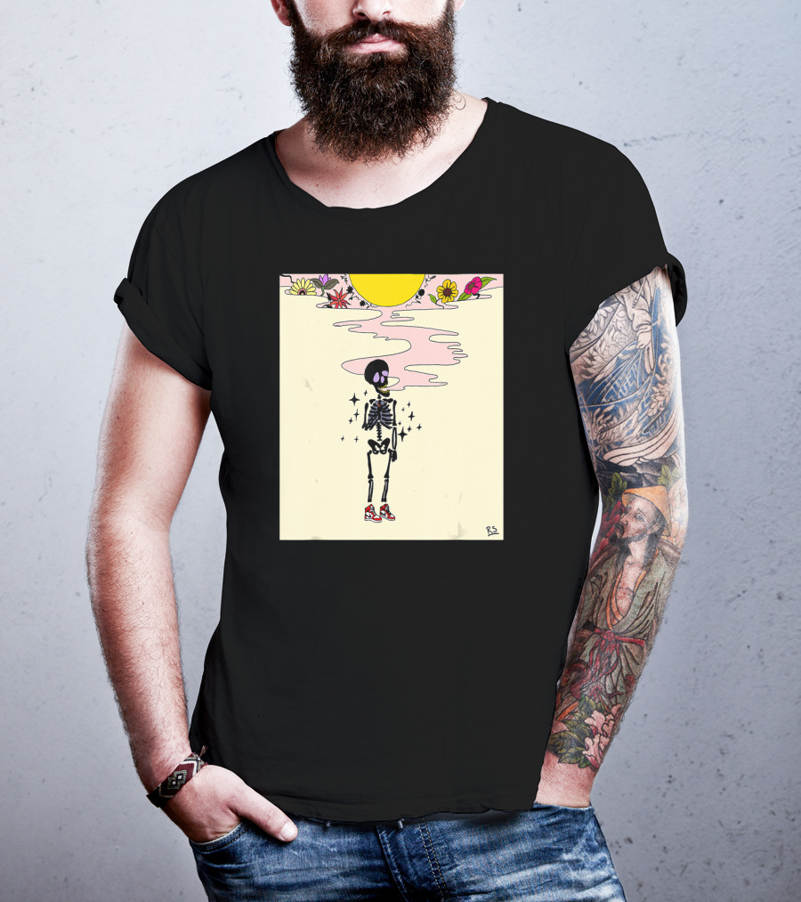 Smoking Skeleton Sun Flowers Sneakers Graphic Fashion T-Shirt
