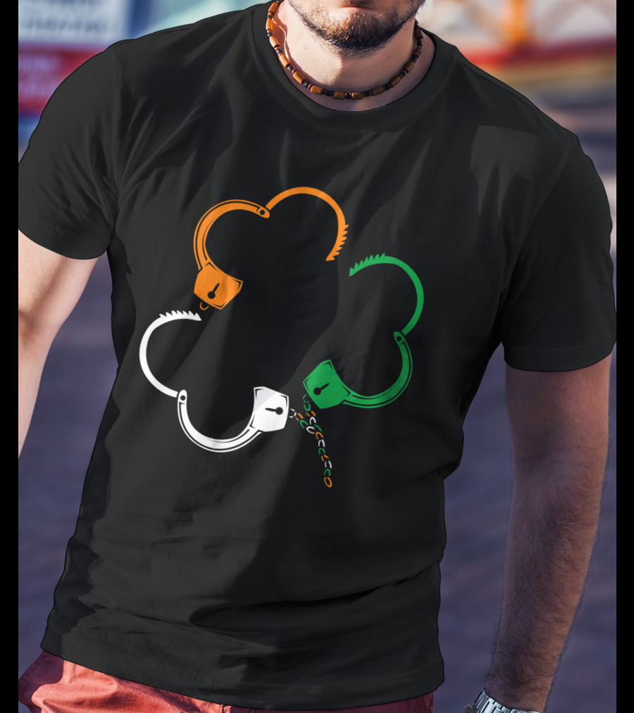St Patricks Day Irish Flag Handcuffs Clover Police Officer T-Shirt