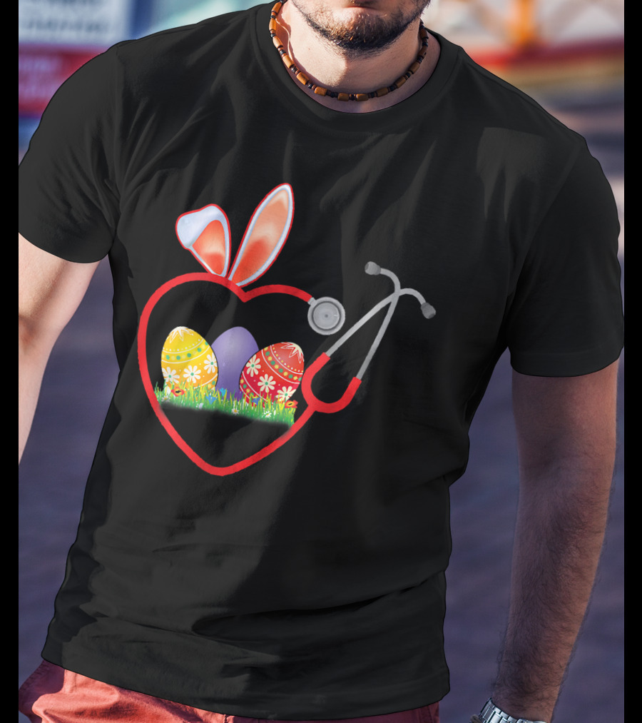 Stethoscope Heart Bunny Ears Easter Eggs Nurse T-Shirt