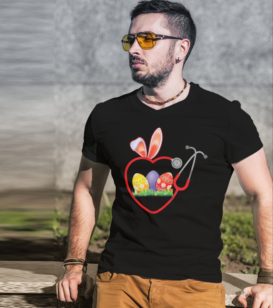 Stethoscope Heart Bunny Ears Easter Eggs Nurse T-Shirt