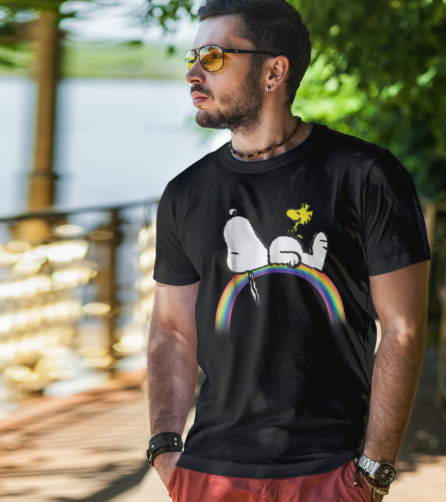 Peanuts Snoopy Woodstock Lying On Rainbow T-Shirt