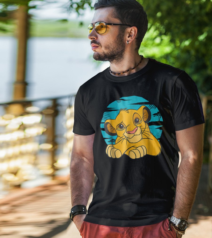Disney The Lion King Young Simba Resting 90s Style Blue Background T-Shirt