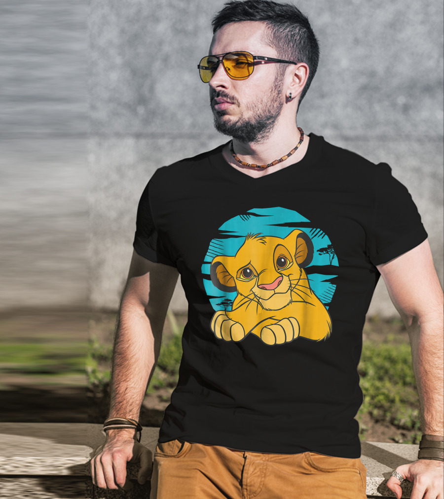 Disney The Lion King Young Simba Resting 90s Style Blue Background T-Shirt