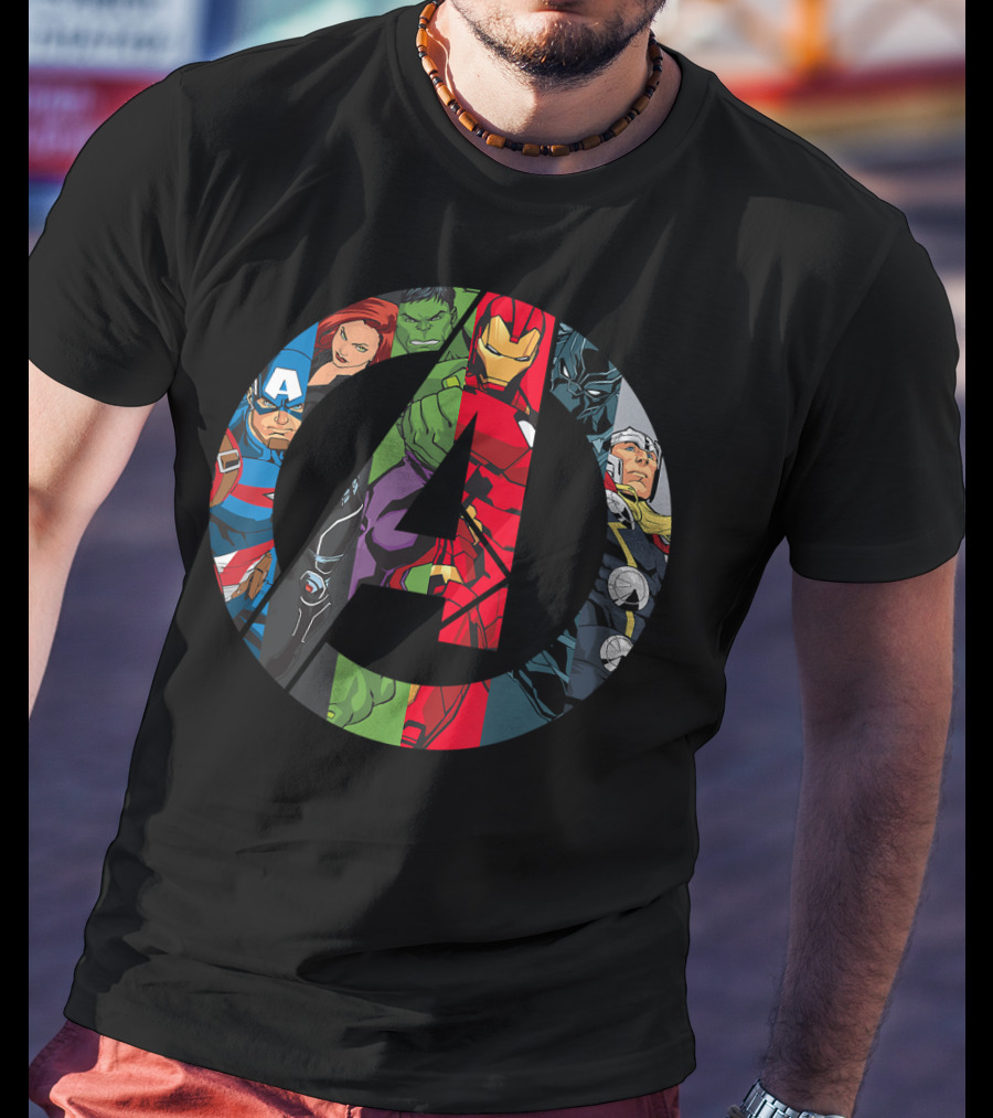 Marvel Avengers A Logo Captain America Black Widow Hulk Iron Man Thor T-Shirt