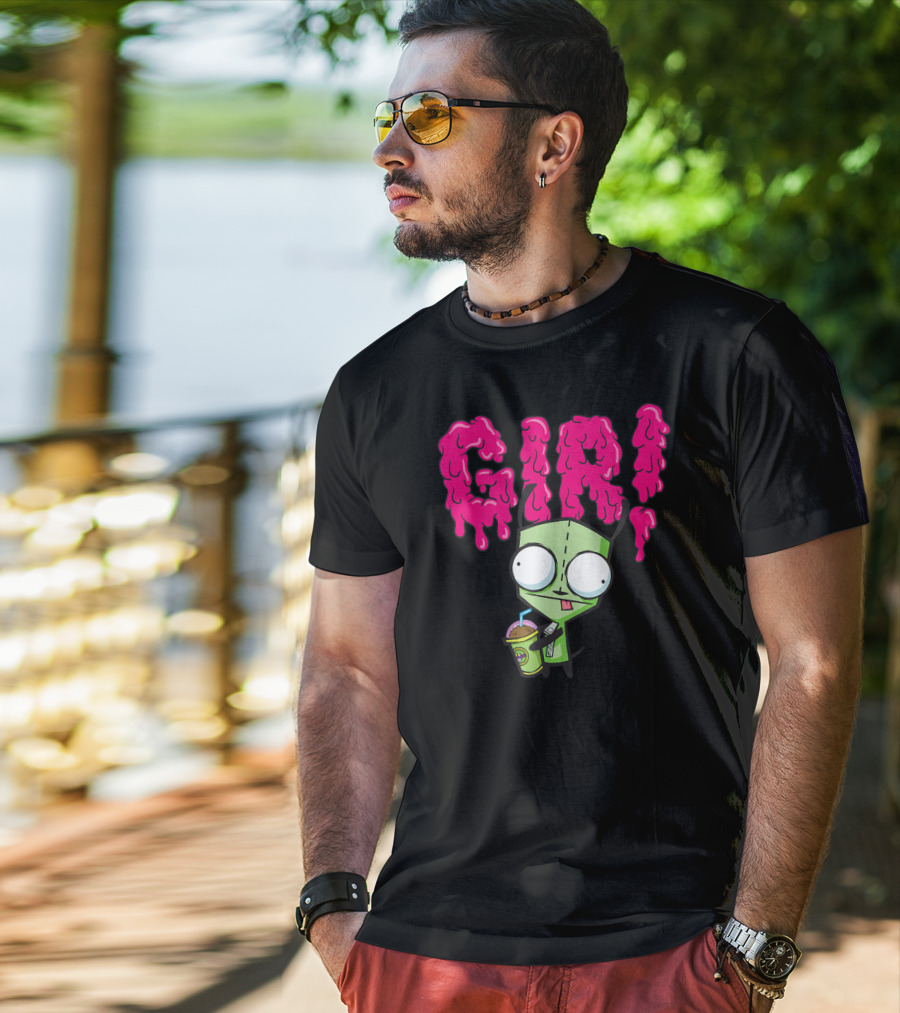 Gir Slime Text Holding Slush Drink Invader Zim T-Shirt