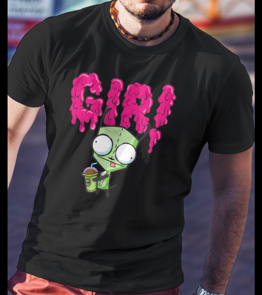 Gir Slime Text Holding Slush Drink Invader Zim T-Shirt