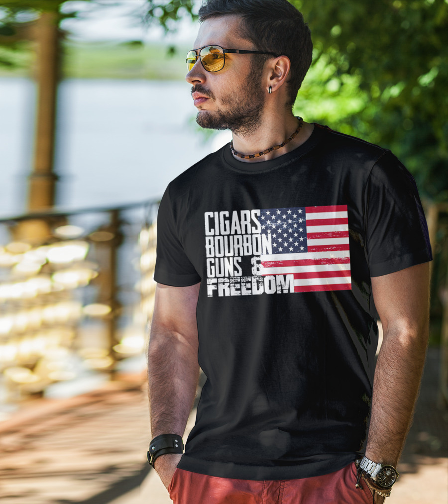 Cigars Bourbon Guns Freedom American Flag T-Shirt