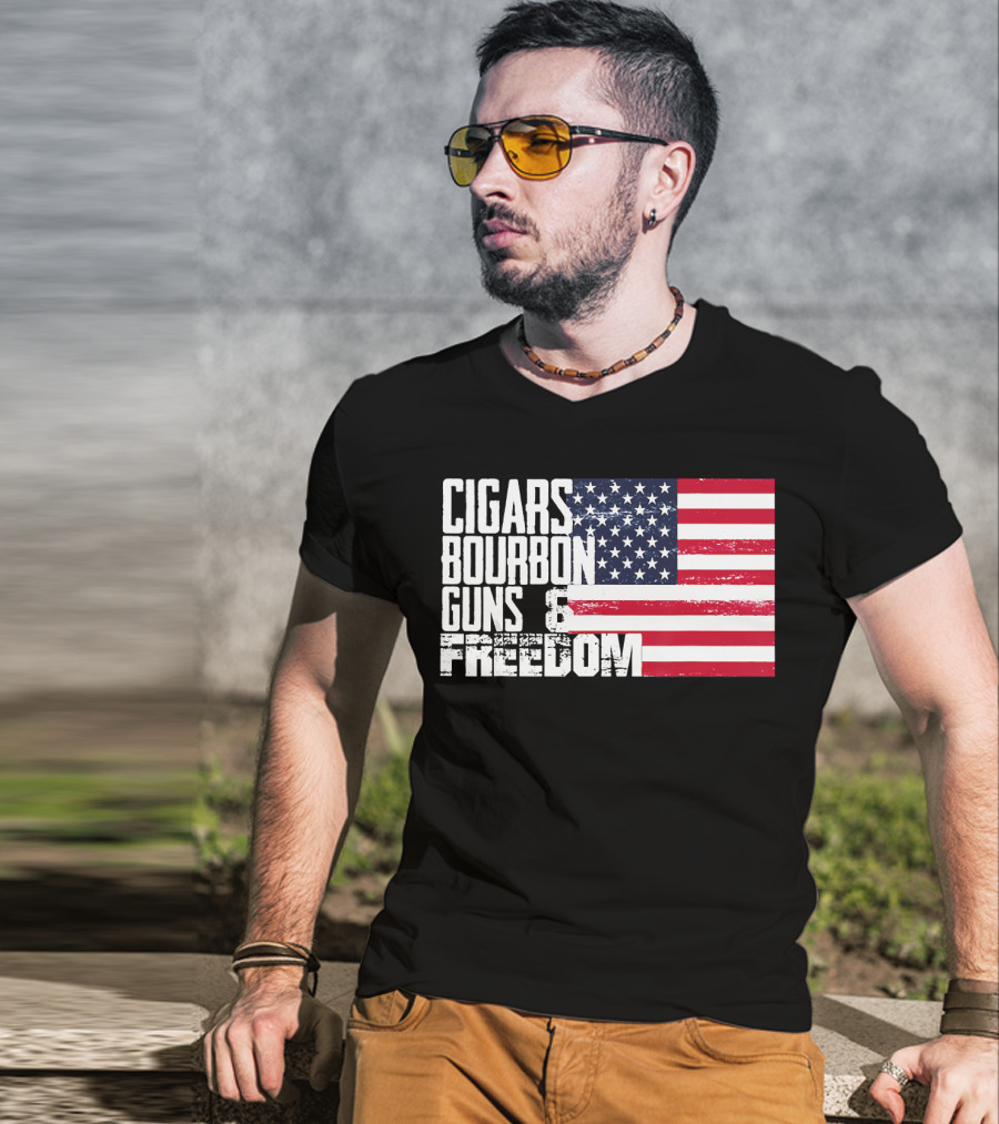 Cigars Bourbon Guns Freedom American Flag T-Shirt