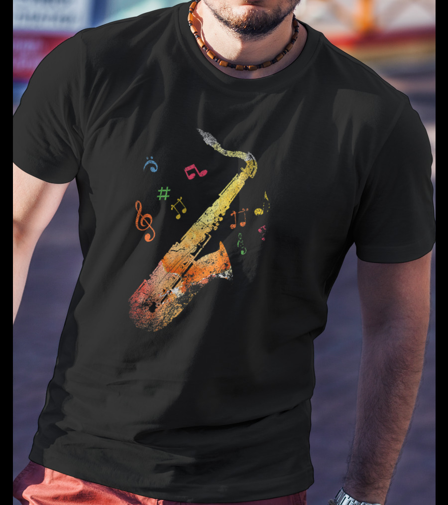Vibrant Multicolored Music Notes With Saxophone T-Shirt