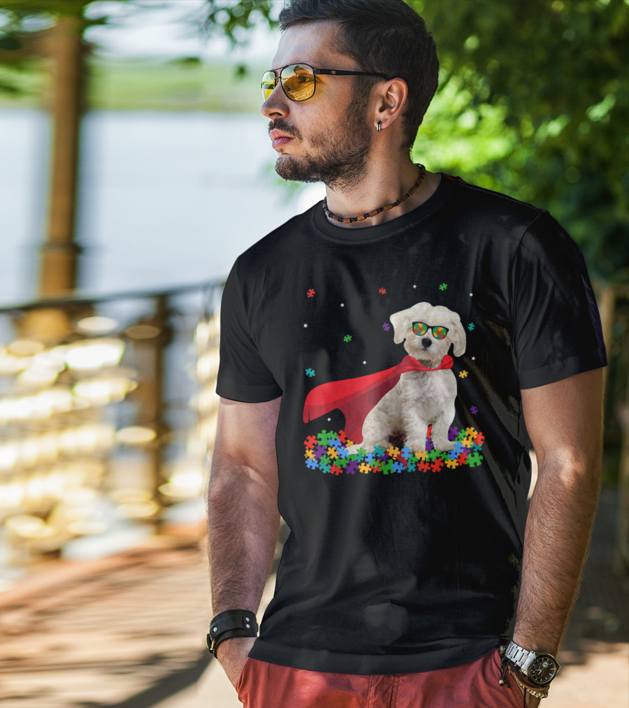 Superhero Maltese Dog Puzzle Pieces Autism Awareness T-Shirt