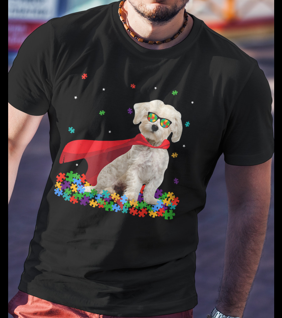 Superhero Maltese Dog Puzzle Pieces Autism Awareness T-Shirt
