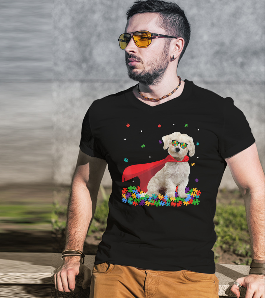 Superhero Maltese Dog Puzzle Pieces Autism Awareness T-Shirt