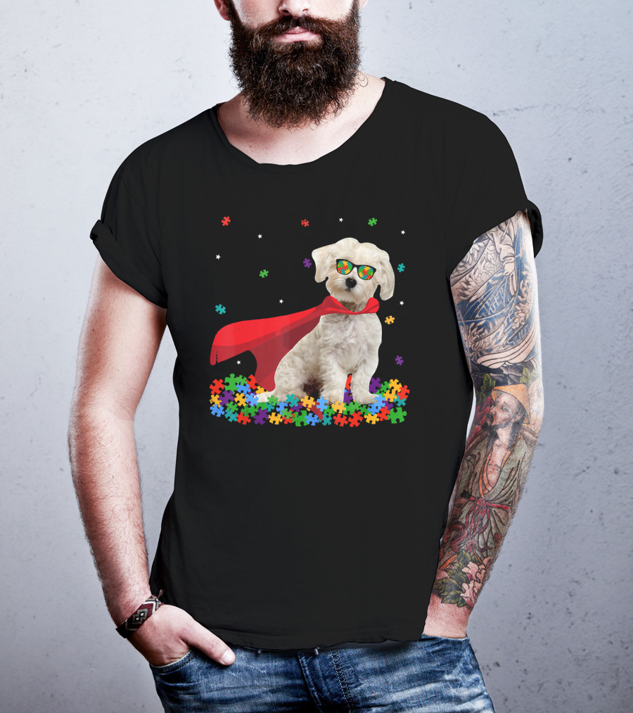 Superhero Maltese Dog Puzzle Pieces Autism Awareness T-Shirt