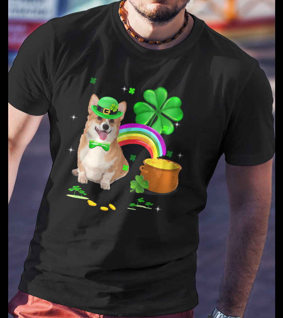 Corgi Dog Shamrock St Patricks Day Leprechaun Rainbow Pot Of Gold T-Shirt