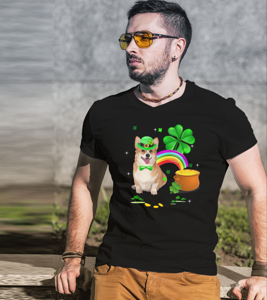 Corgi Dog Shamrock St Patricks Day Leprechaun Rainbow Pot Of Gold T-Shirt