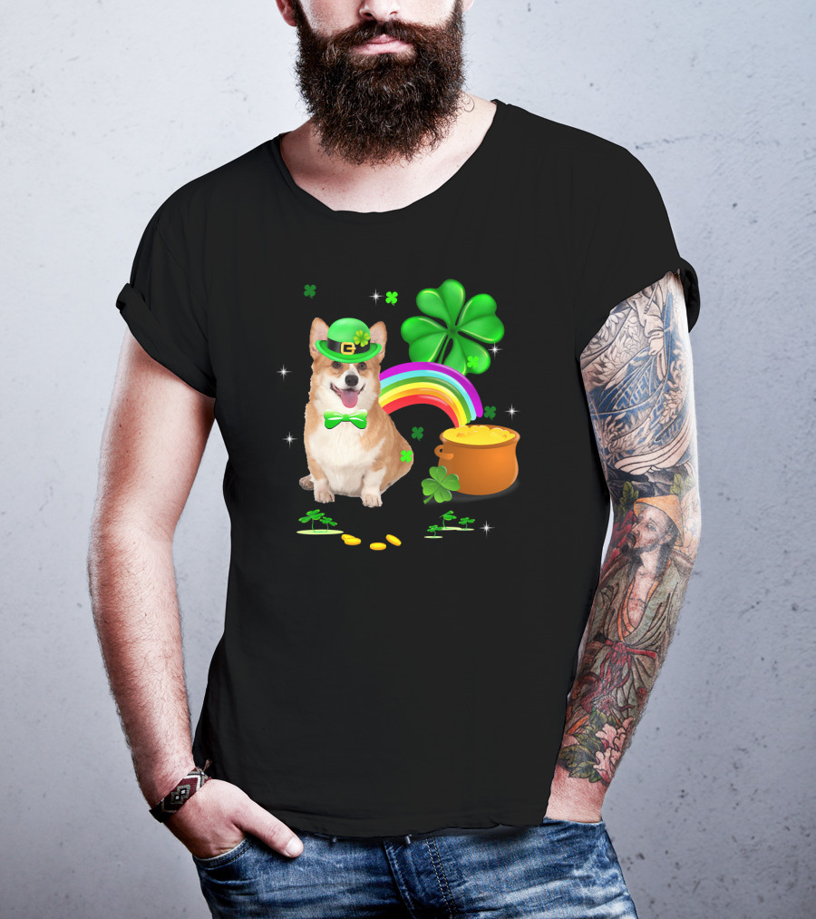 Corgi Dog Shamrock St Patricks Day Leprechaun Rainbow Pot Of Gold T-Shirt