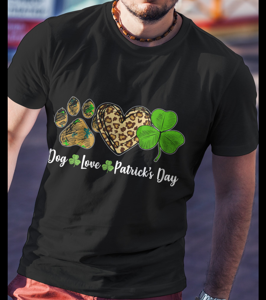 Dog Love Leopard Shamrock Patrick's Day T-Shirt