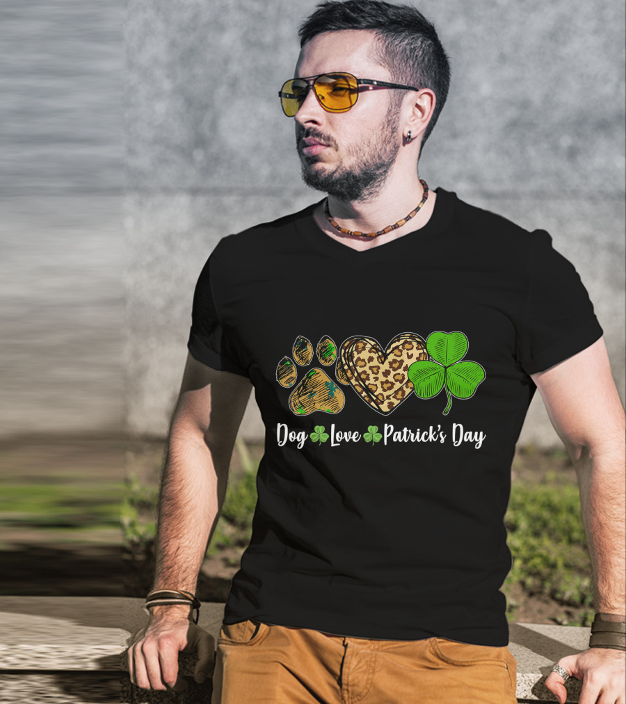 Dog Love Leopard Shamrock Patrick's Day T-Shirt