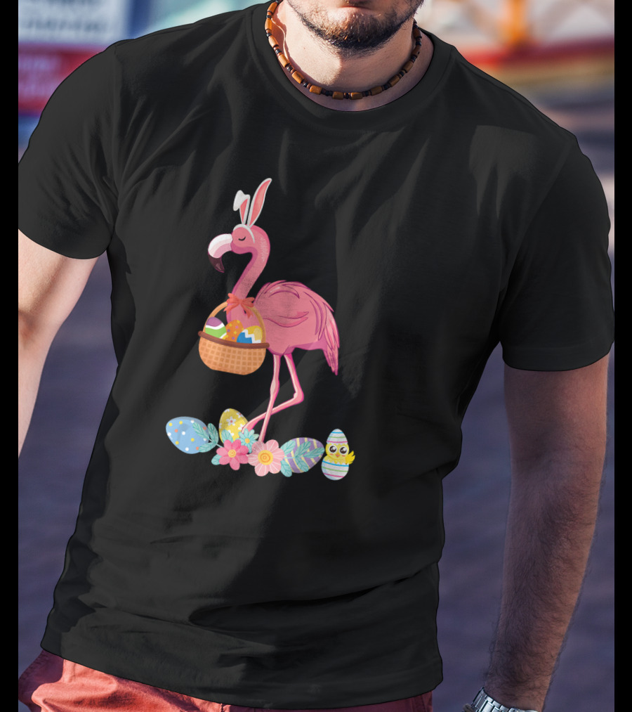 Easter Flamingo Bunny With Easter Egg Basket And Floral Eggs T-Shirt