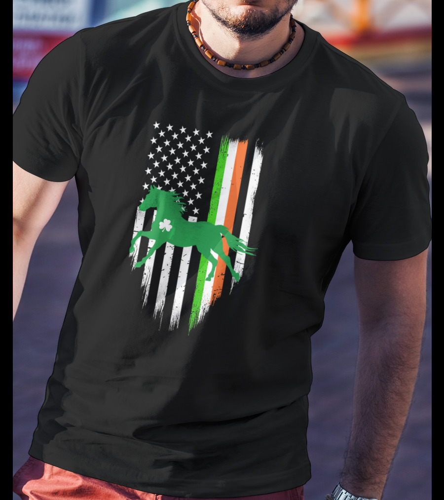 Green Horse Shamrock With Irish And US Flag St Patrick's Day T-Shirt