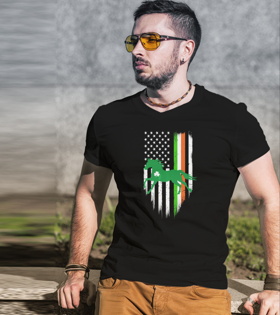 Green Horse Shamrock With Irish And US Flag St Patrick's Day T-Shirt