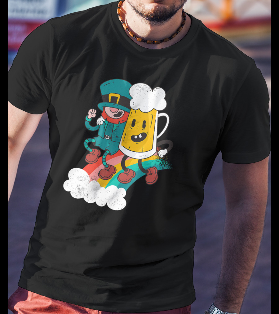 Leprechaun And Beer Besties Riding Rainbow With Clouds T-Shirt