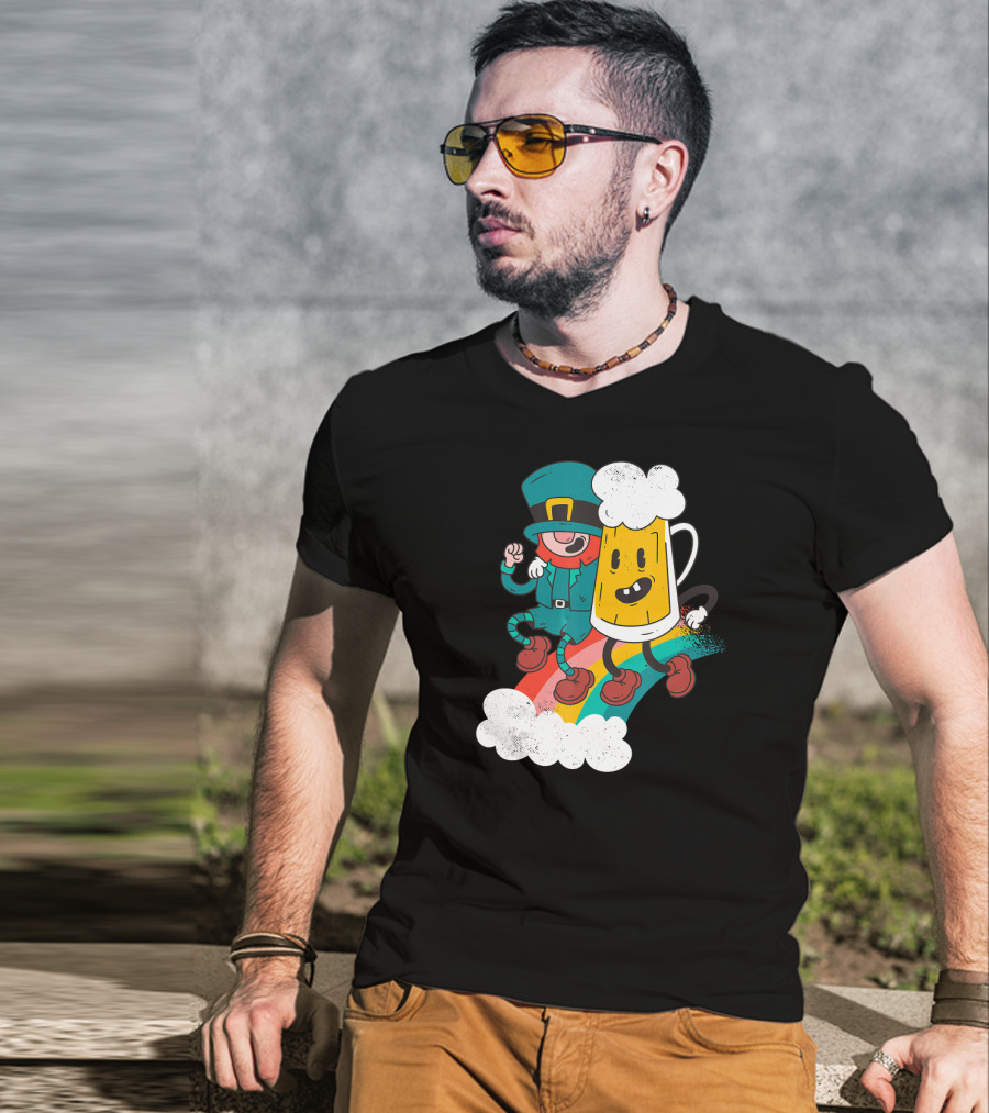 Leprechaun And Beer Besties Riding Rainbow With Clouds T-Shirt