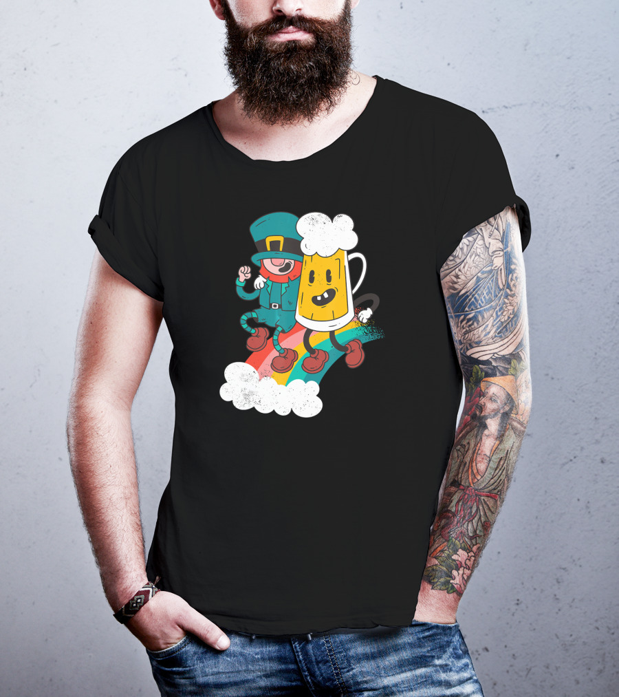 Leprechaun And Beer Besties Riding Rainbow With Clouds T-Shirt