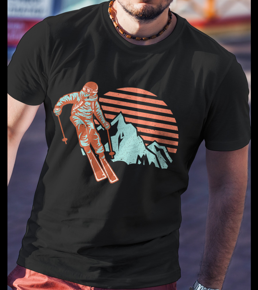 Retro Ski Vintage Ski Mountain Sunset Skier T-Shirt