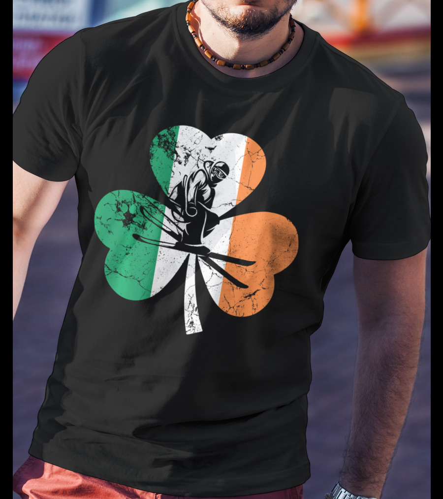 Skiing Shamrock St Patrick's Day Ireland Irish Flag T-Shirt