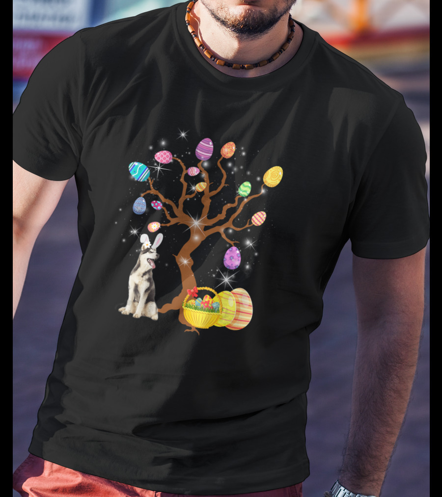 Siberian Husky Easter Egg Hunt With Basket And Tree Of Colorful Eggs T-Shirt