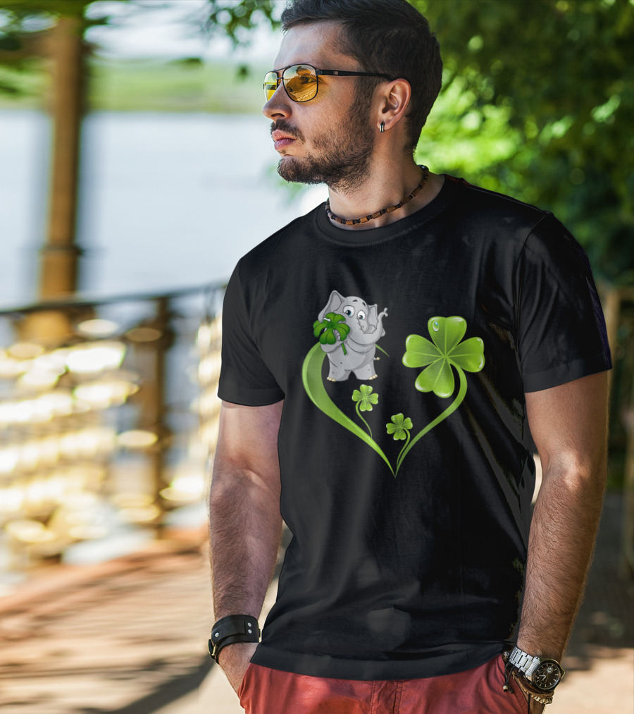 Elephant With Shamrock Heart And Clover Leaves T-Shirt