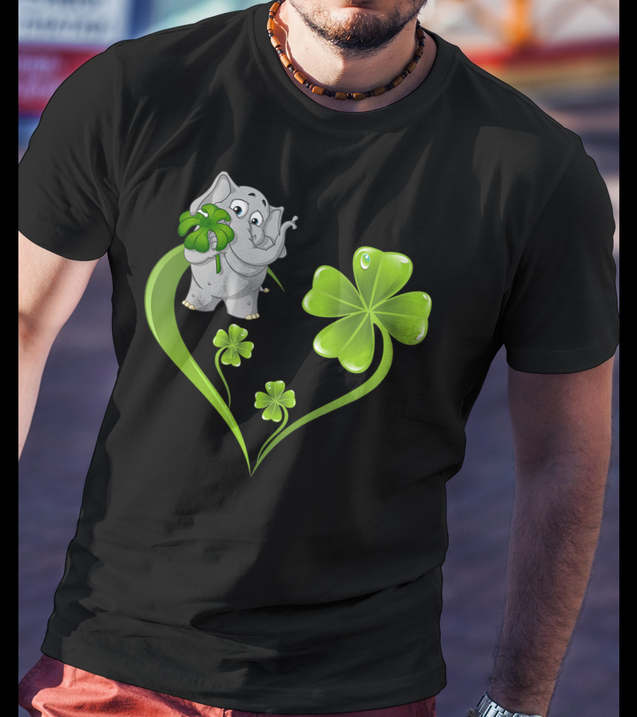 Elephant With Shamrock Heart And Clover Leaves T-Shirt
