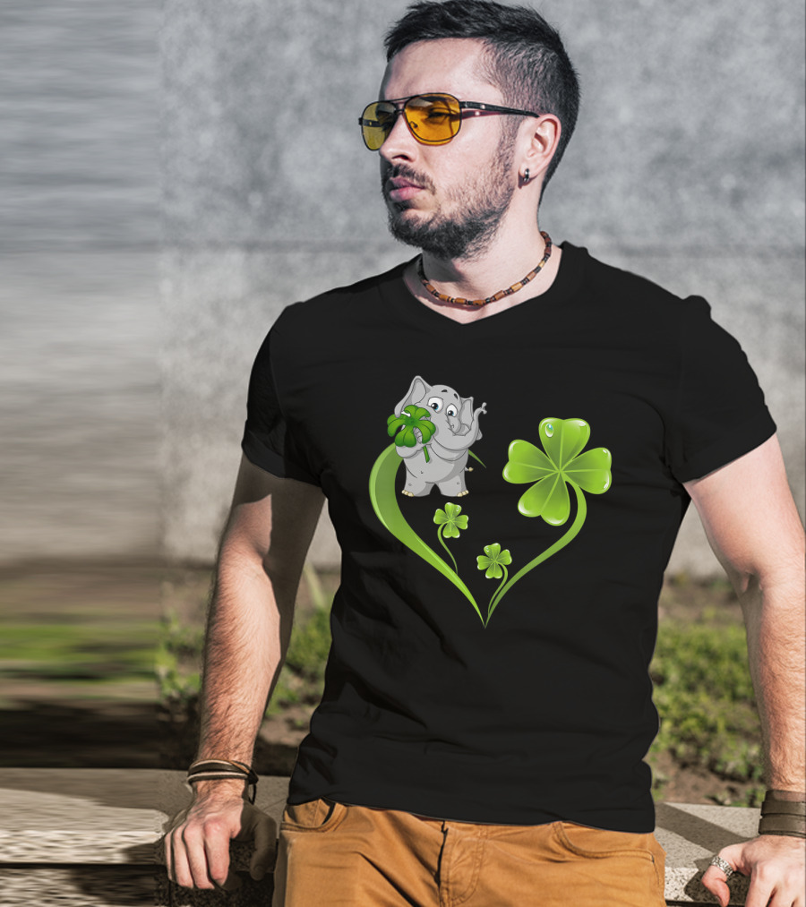 Elephant With Shamrock Heart And Clover Leaves T-Shirt