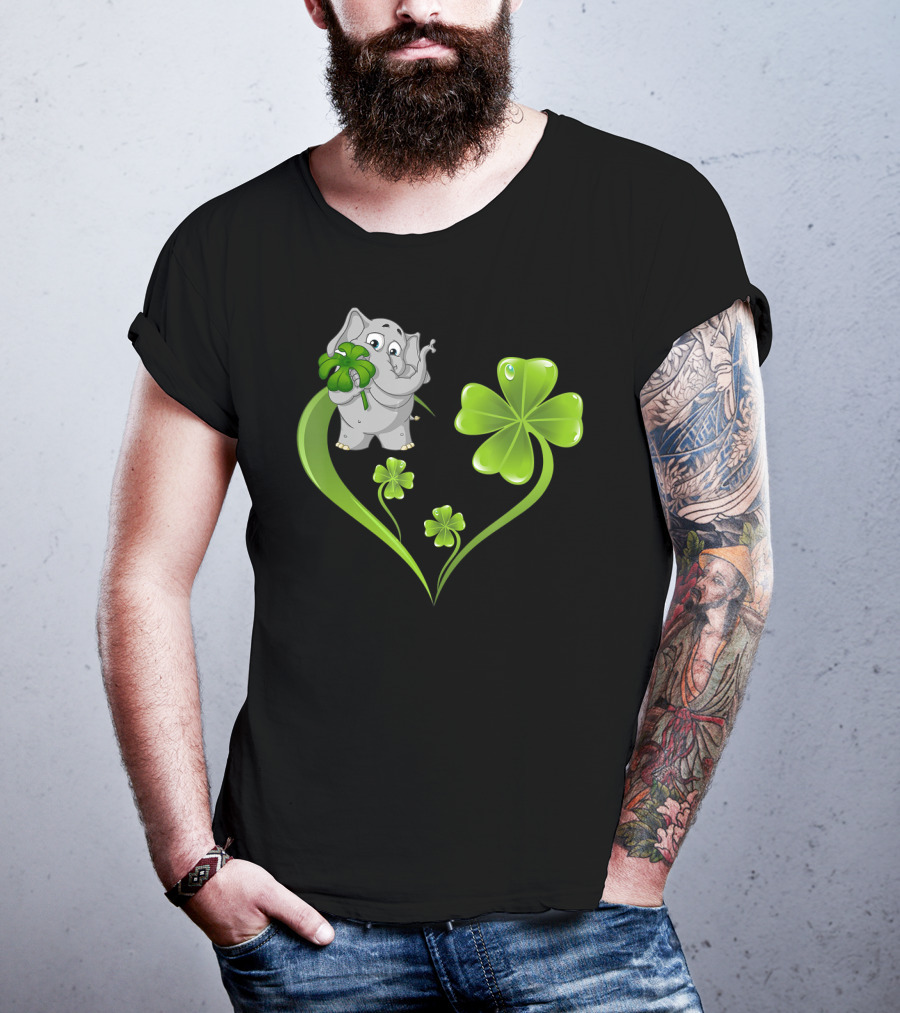 Elephant With Shamrock Heart And Clover Leaves T-Shirt