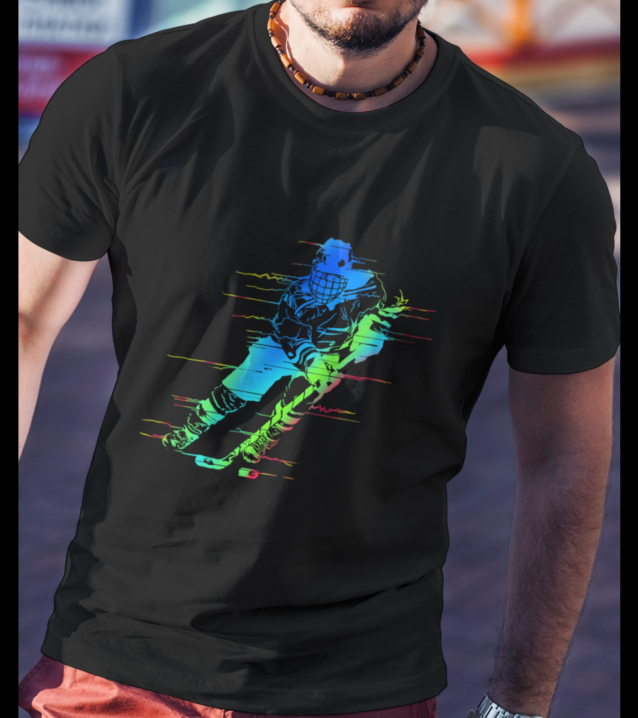 Ice Hockey Player Funny Athletes Glitch Effect Neon Athlete T-Shirt