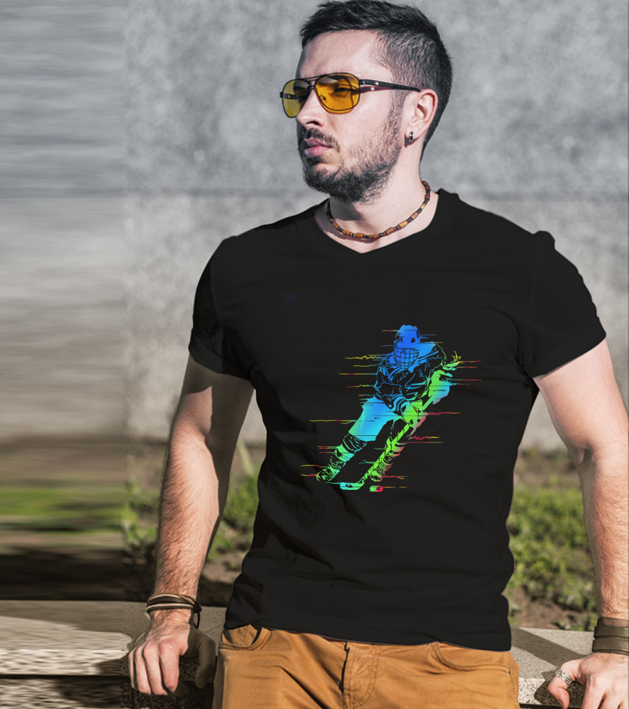 Ice Hockey Player Funny Athletes Glitch Effect Neon Athlete T-Shirt