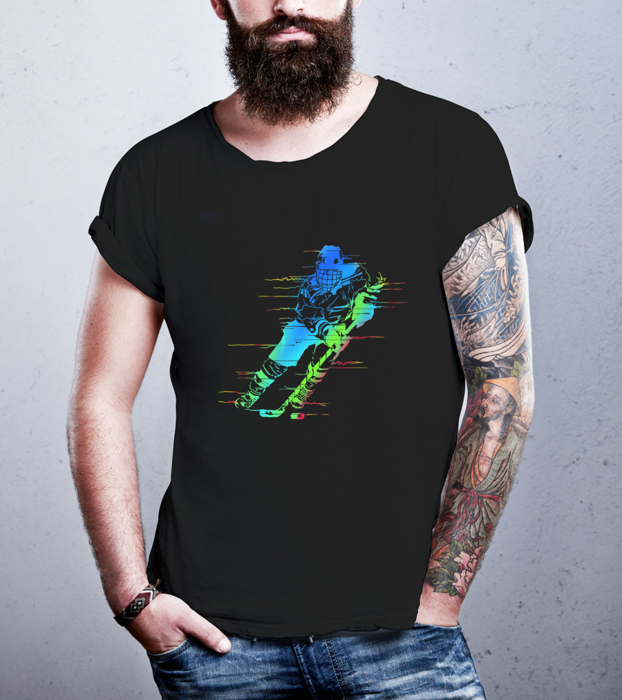 Ice Hockey Player Funny Athletes Glitch Effect Neon Athlete T-Shirt