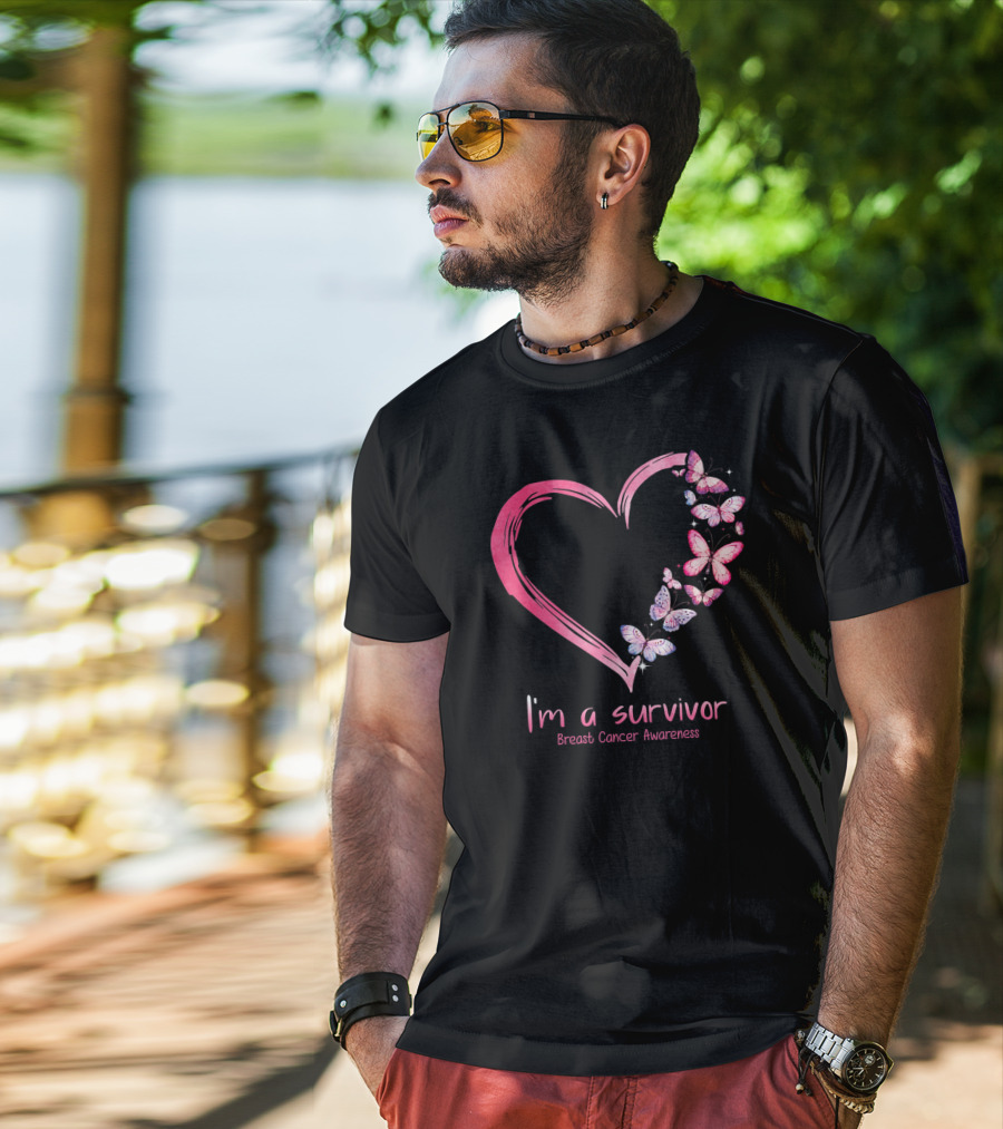 I'm A Survivor Breast Cancer Awareness Pink Heart Butterfly T-Shirt
