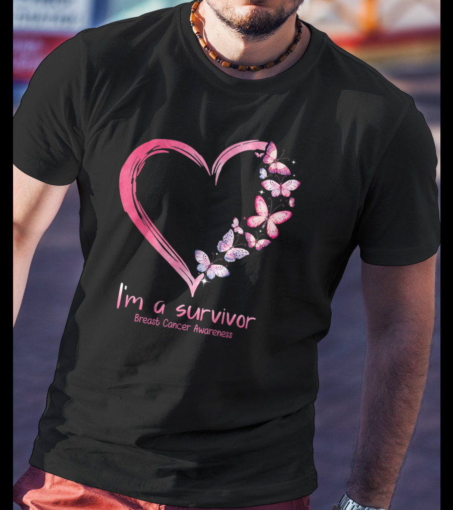 I'm A Survivor Breast Cancer Awareness Pink Heart Butterfly T-Shirt