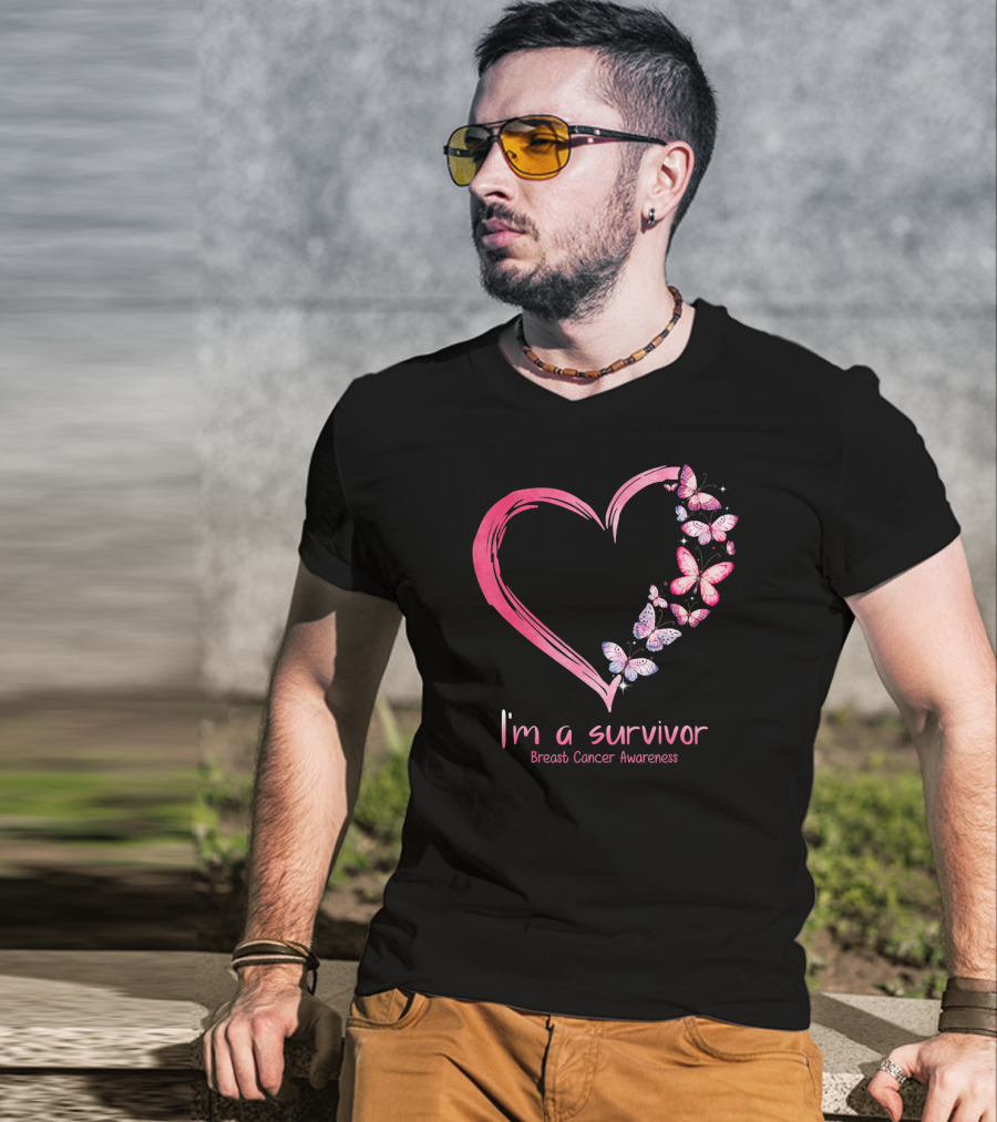 I'm A Survivor Breast Cancer Awareness Pink Heart Butterfly T-Shirt