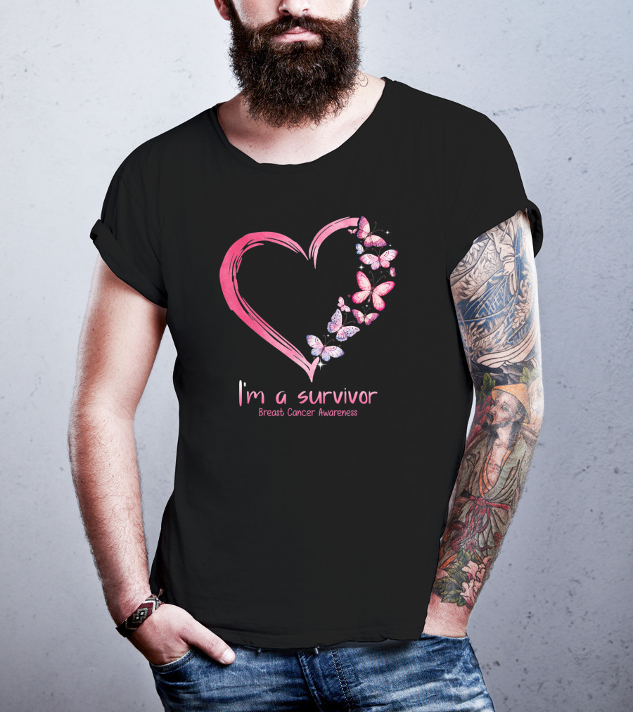 I'm A Survivor Breast Cancer Awareness Pink Heart Butterfly T-Shirt