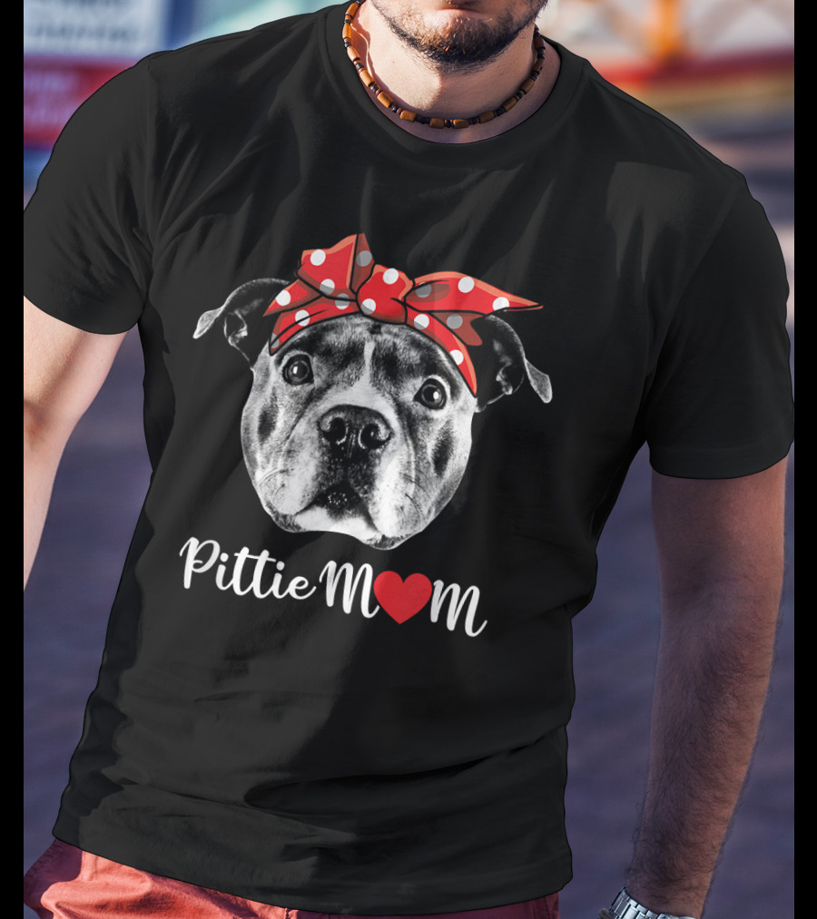 Pittie Mom Heart Pitbull Dog Red Polka Dot Bow T-Shirt