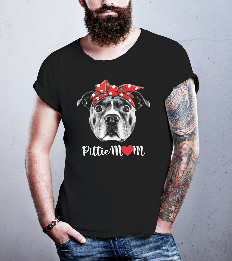Pittie Mom Heart Pitbull Dog Red Polka Dot Bow T-Shirt