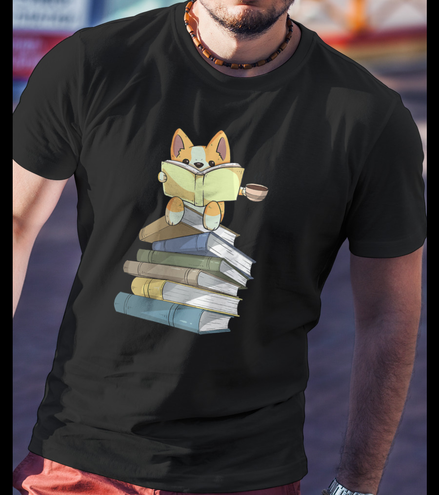 Welsh Corgi Reading Books With Coffee T-Shirt